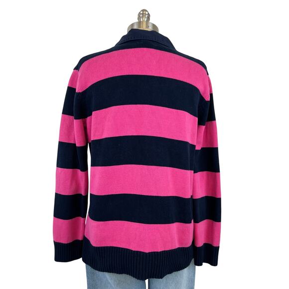 Lauren Ralph Lauren Pink Navy Blue Striped Collared V-Neck Sweater (Sz L) - Picture 3 of 14